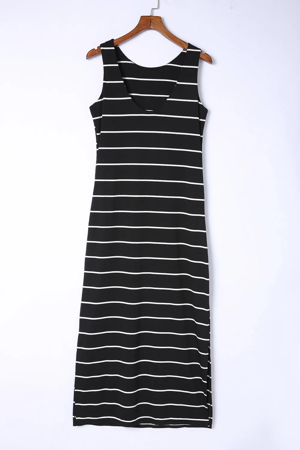 Black Stripe Print Open Back Sleeveless Maxi Dress with Slits