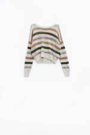 Boat Neck Long Sleeve Crochet White Sweater With Brown Stripes