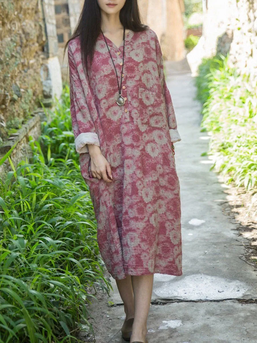 Bohemian Print Loose Long Sleeve Midi Dress