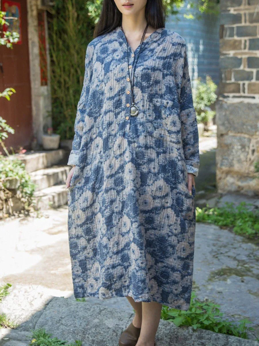 Bohemian Print Loose Long Sleeve Midi Dress