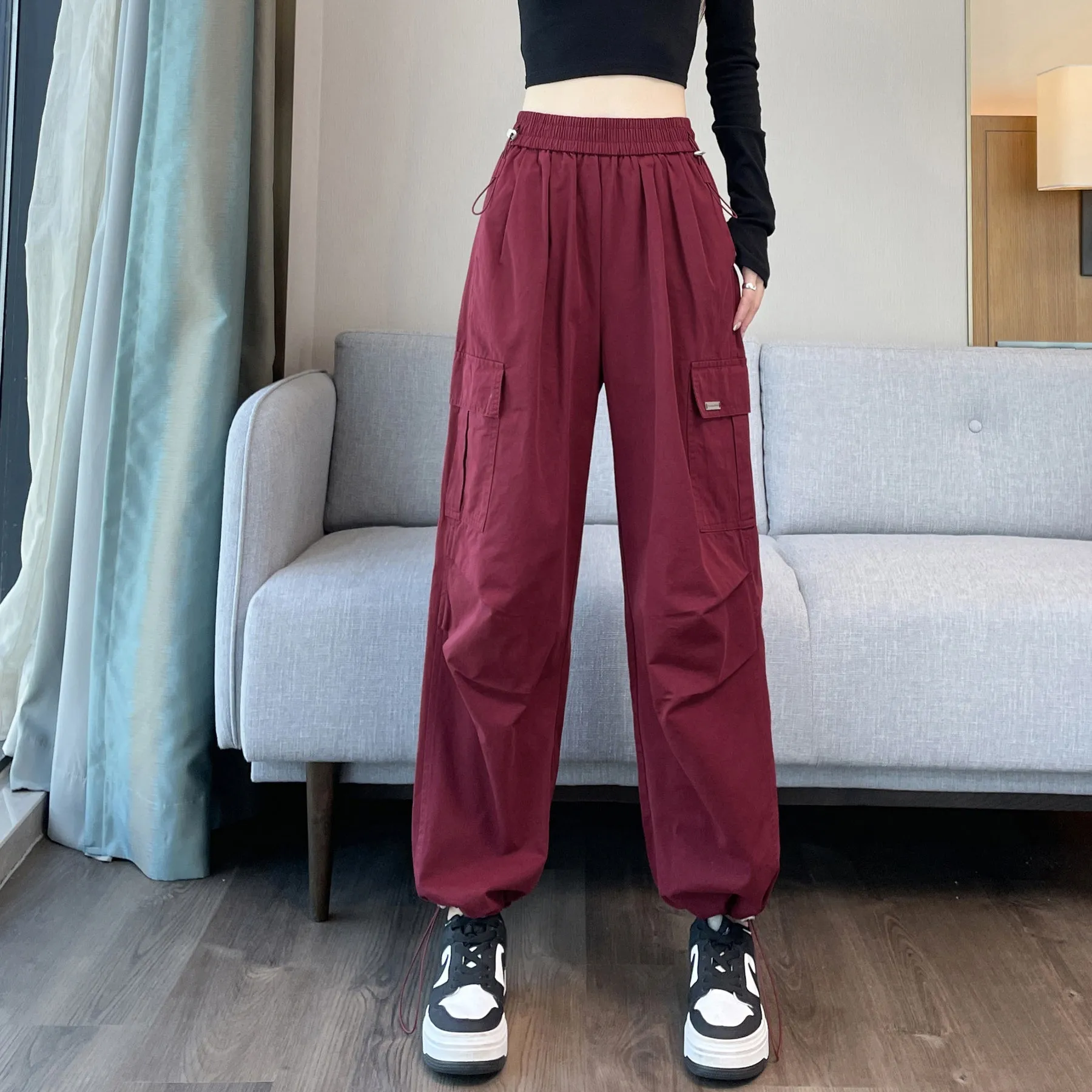 Breathable Solid Cargo Pants with Cinched Hems for Active Women