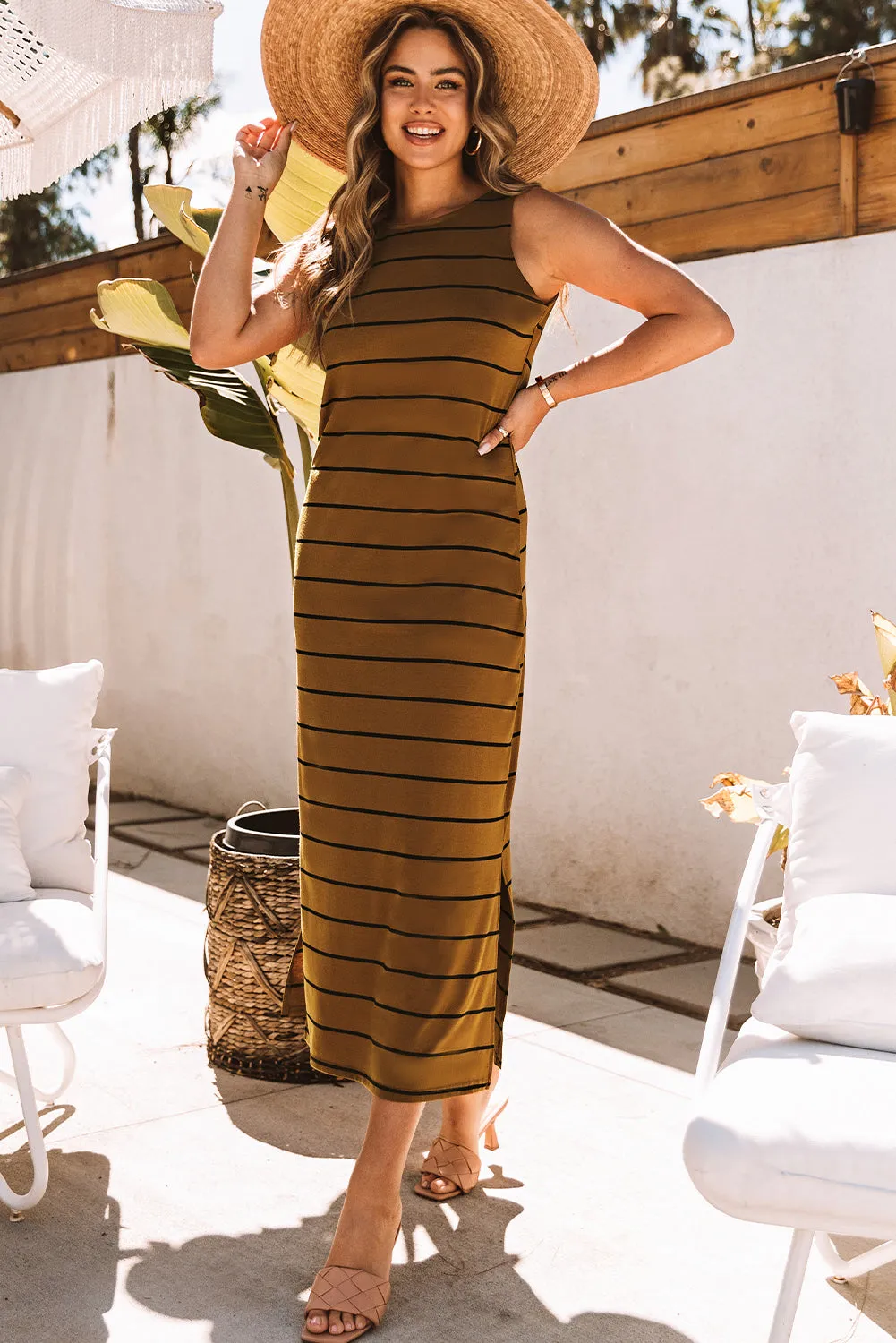 Brown Stripe Print Open Back Sleeveless Maxi Dress with Slits