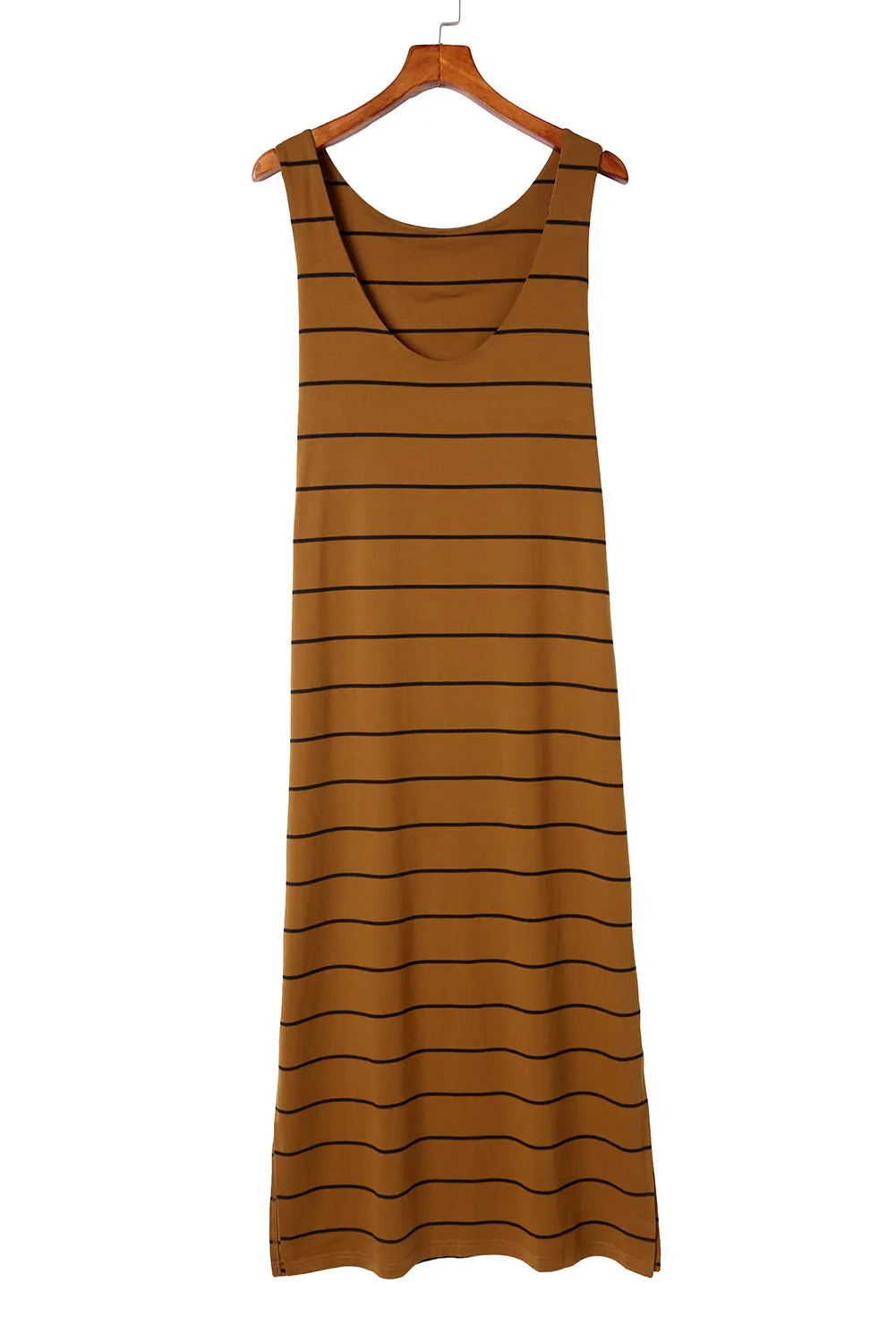 Brown Stripe Print Open Back Sleeveless Maxi Dress with Slits