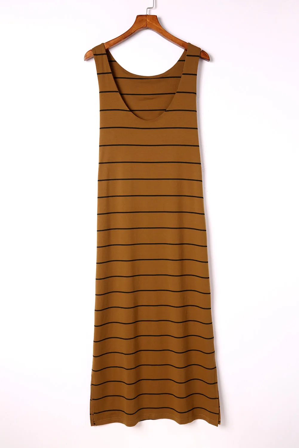 Brown Stripe Print Open Back Sleeveless Maxi Dress with Slits