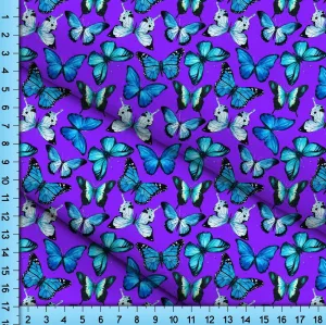 Butterflies Fabric Printed by the Yard, Blue Butterfly on Purple background, Cottagecore Design for Crafts, Upholstery, Clothing