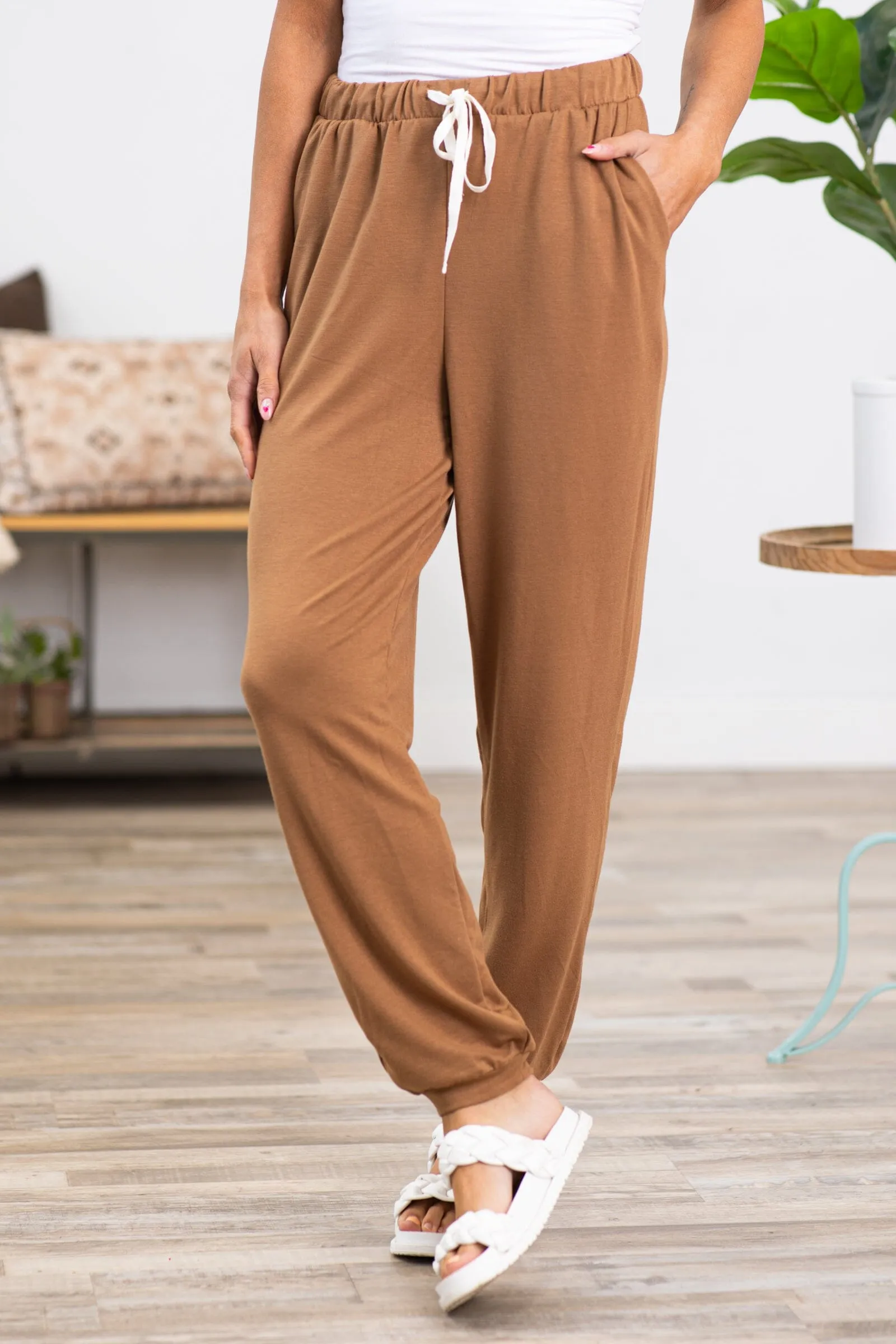 Camel Drawstring Waist Knit Joggers
