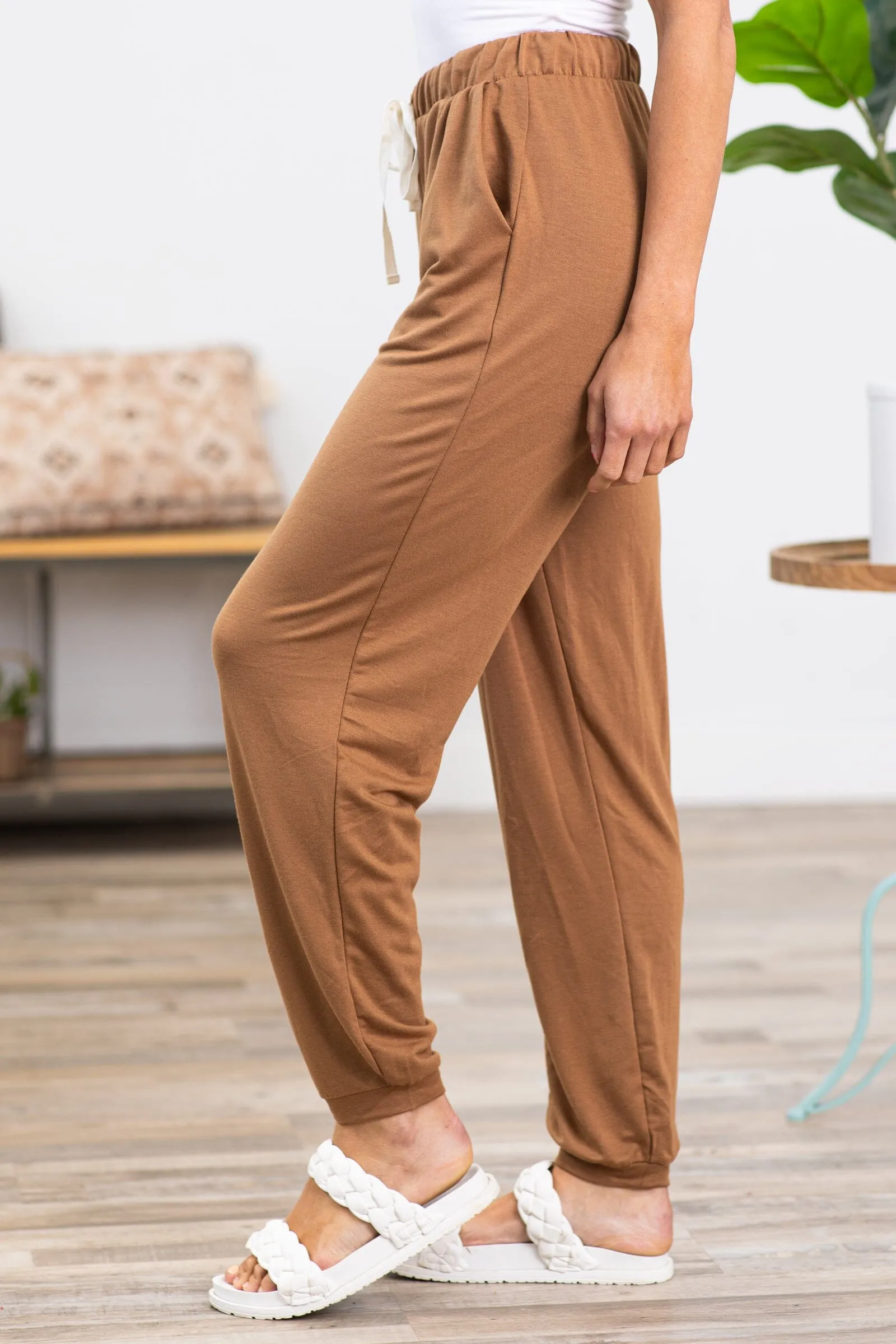Camel Drawstring Waist Knit Joggers