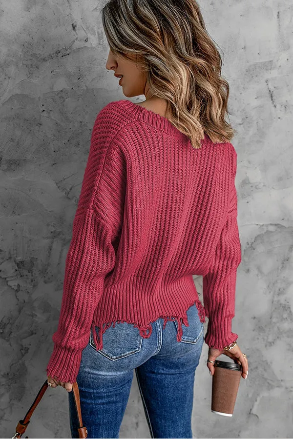 Casual Tassel Hem Pullover V Neck Sweater