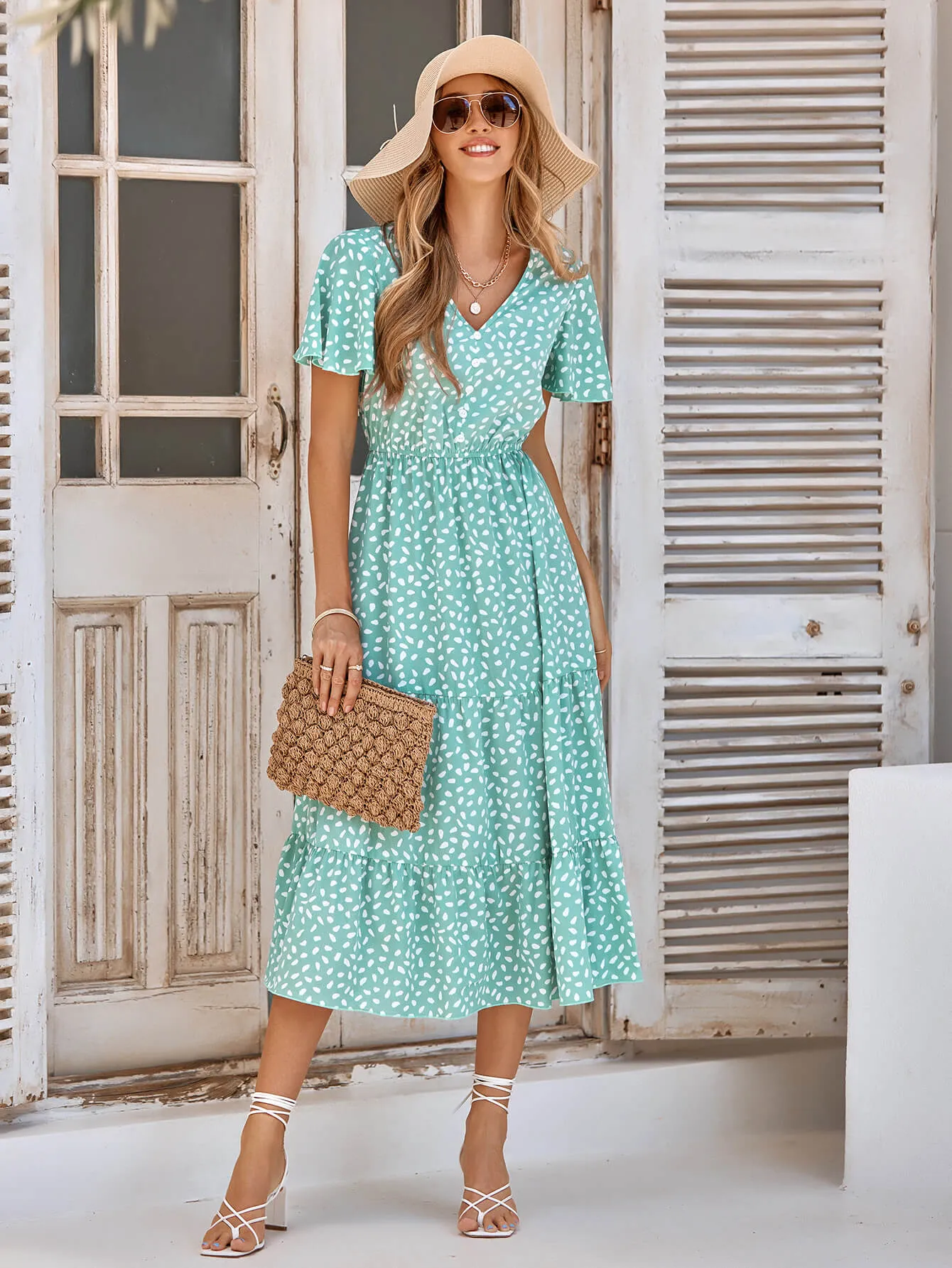Charlie Short Sleeve Spot Midi Dress - Green