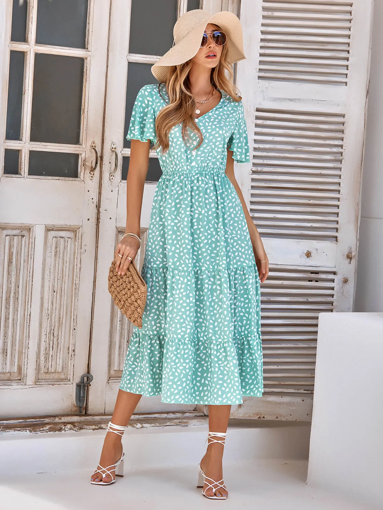 Charlie Short Sleeve Spot Midi Dress - Green