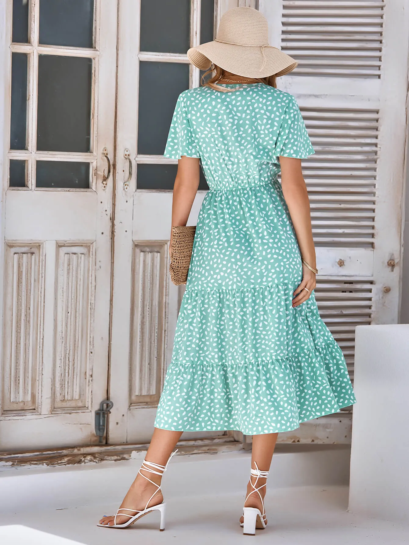 Charlie Short Sleeve Spot Midi Dress - Green
