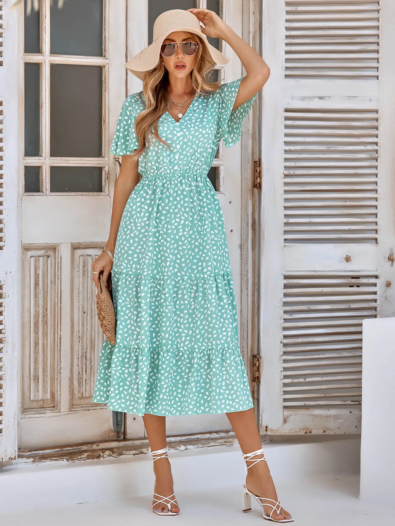 Charlie Short Sleeve Spot Midi Dress - Green