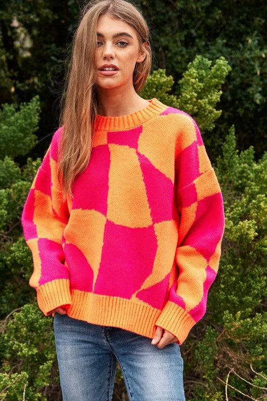 Checker Pullover Knit Sweater Top