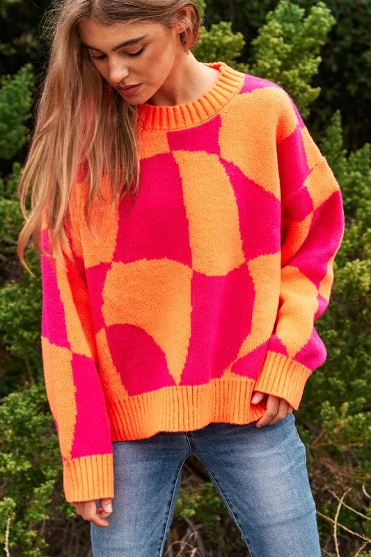 Checker Pullover Knit Sweater Top