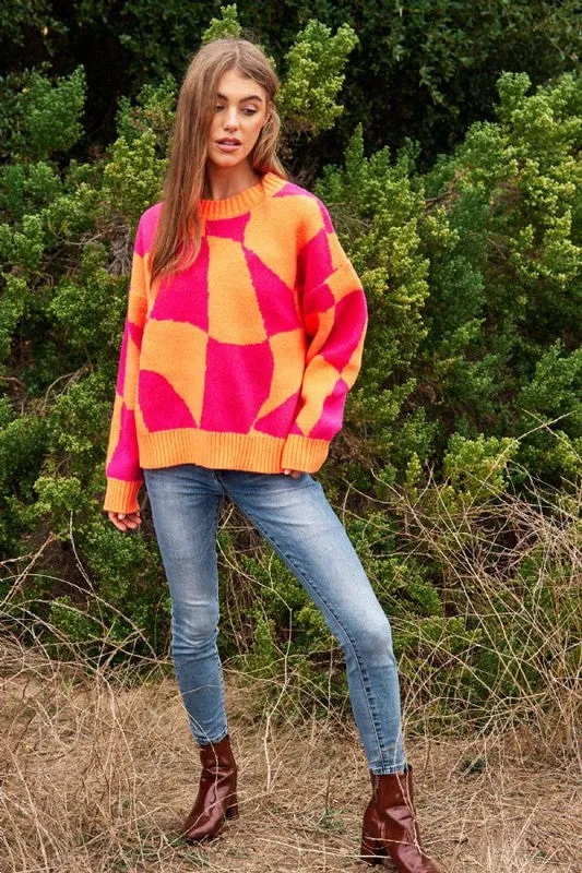 Checker Pullover Knit Sweater Top