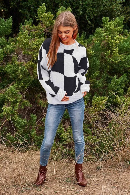 Checker Pullover Knit Sweater Top