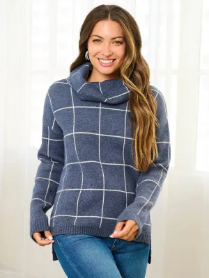Checkered Turtleneck Sweater - Navy