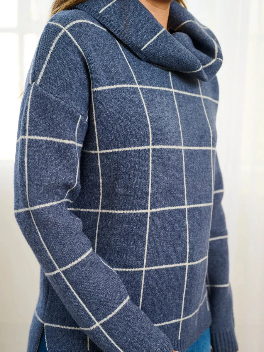 Checkered Turtleneck Sweater - Navy
