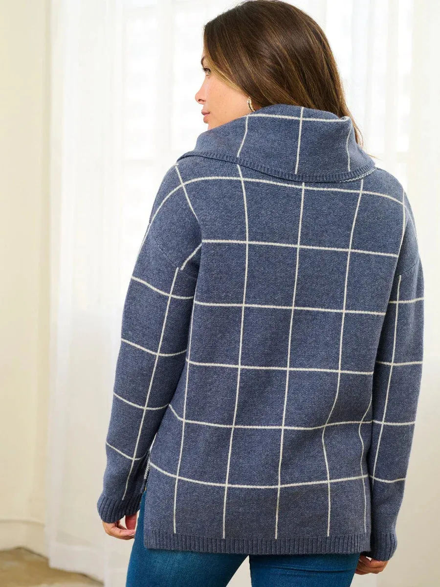 Checkered Turtleneck Sweater - Navy