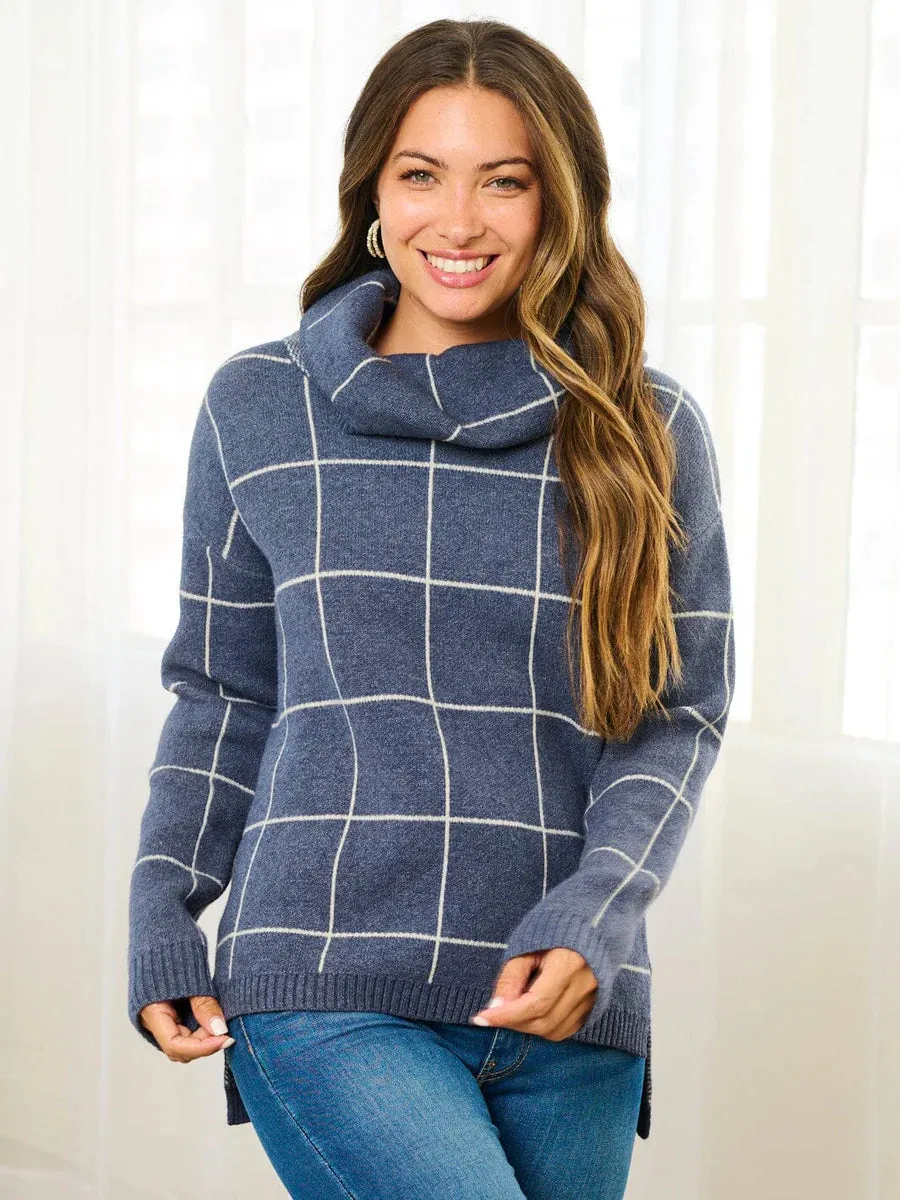 Checkered Turtleneck Sweater - Navy