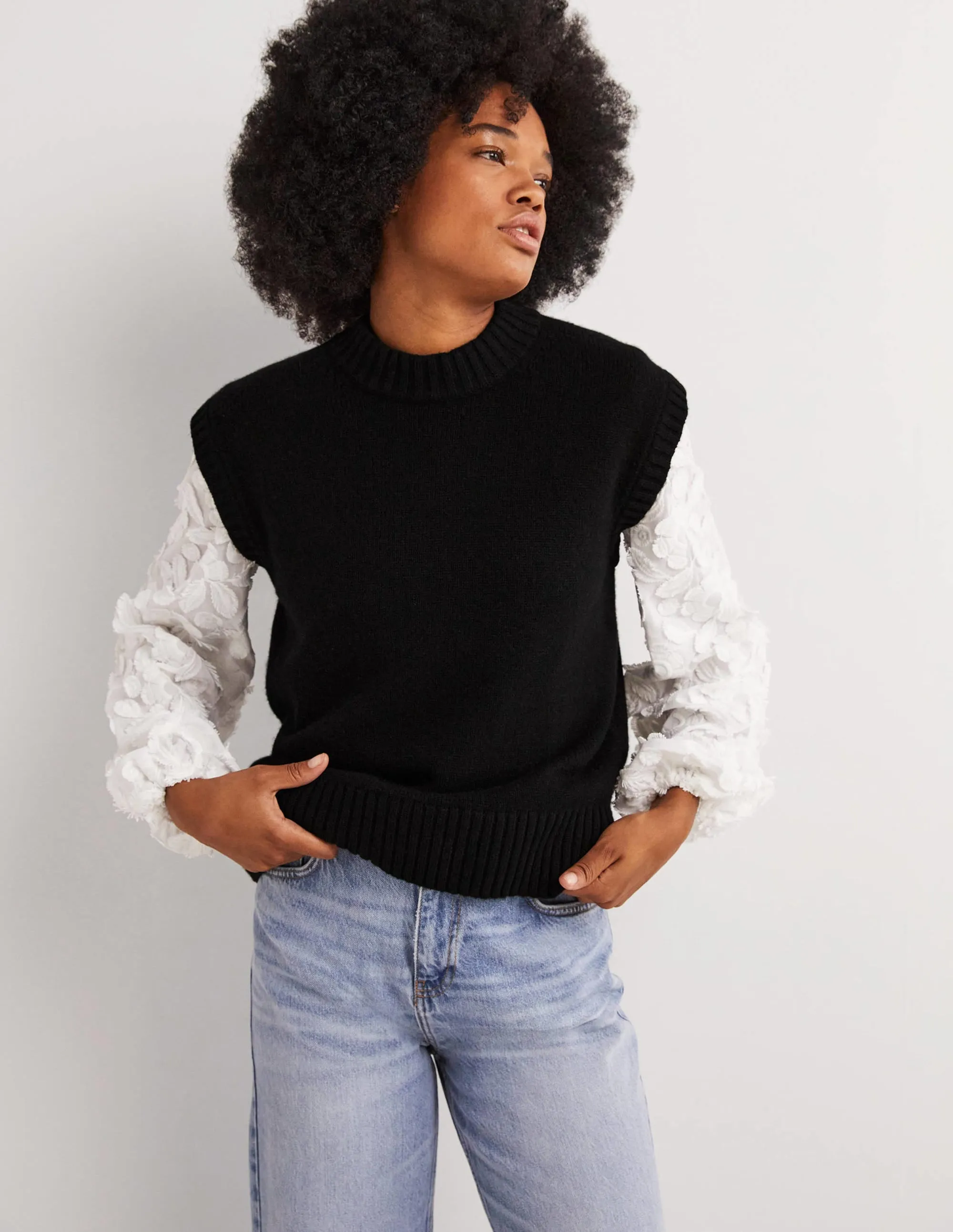 Chunky Cashmere Crew Neck Tank-Black