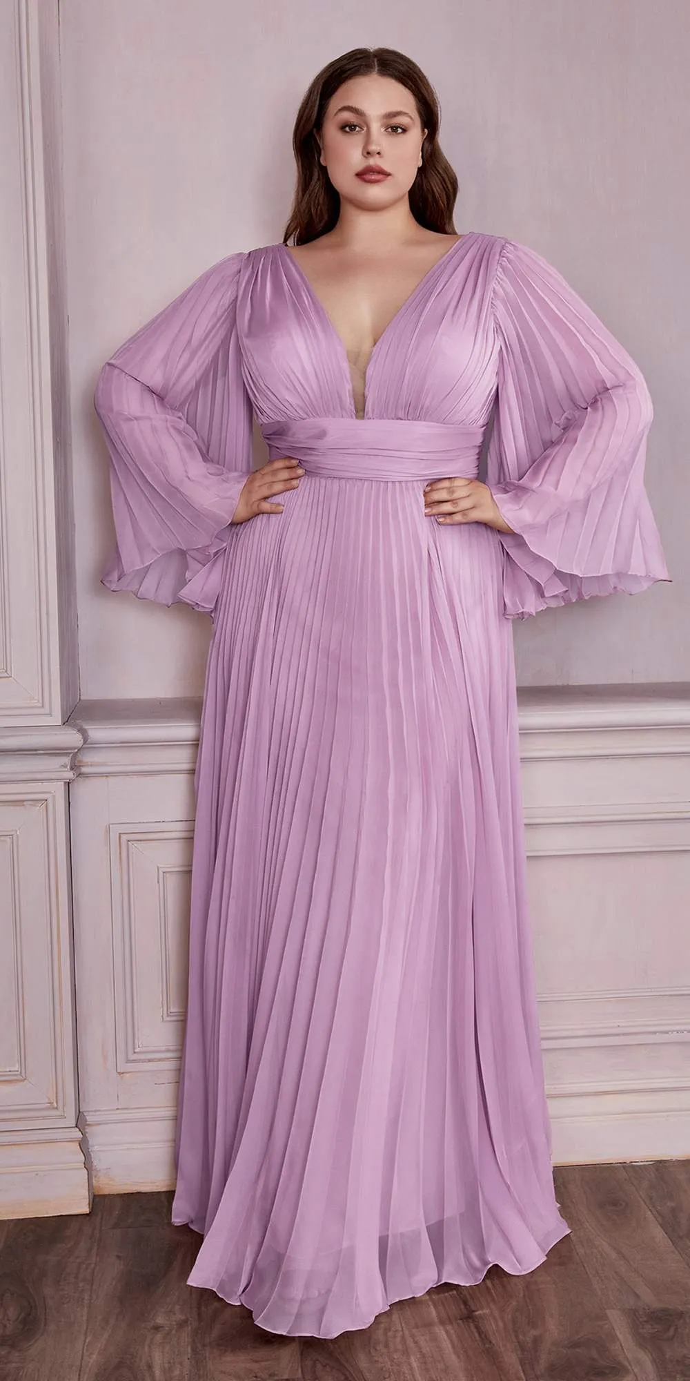 Cinderella Divine CD242C Pleated Chiffon Long Sleeve Gown