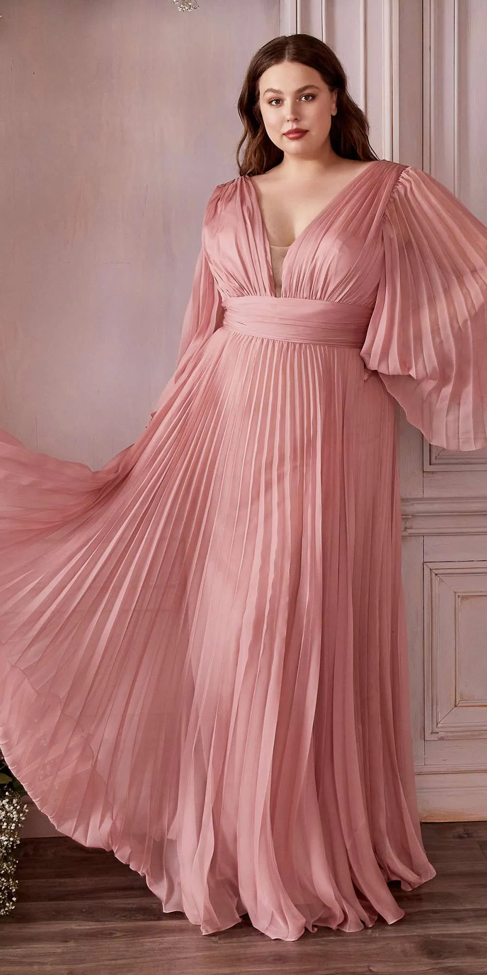 Cinderella Divine CD242C Pleated Chiffon Long Sleeve Gown