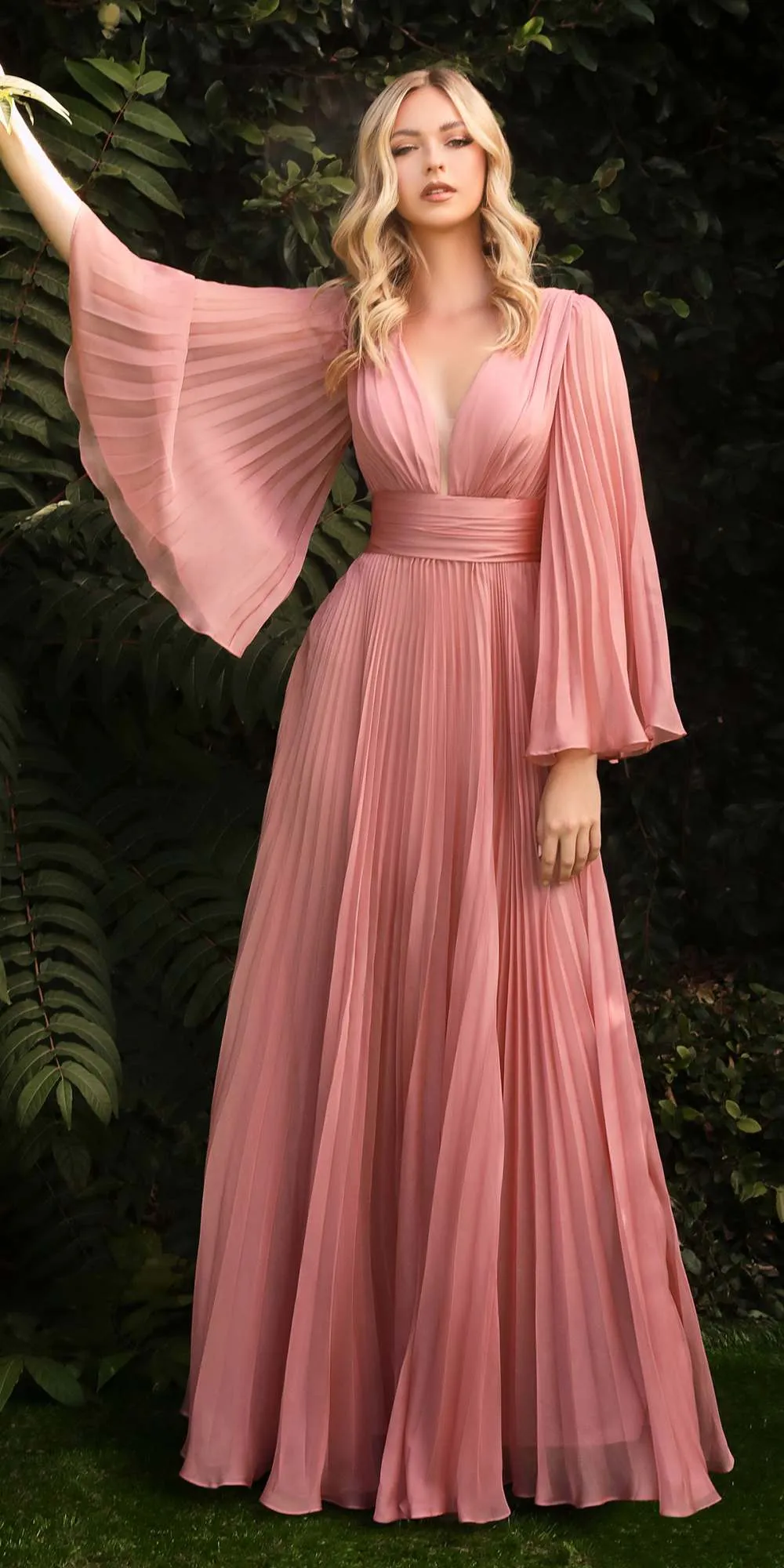 Cinderella Divine CD242C Pleated Chiffon Long Sleeve Gown