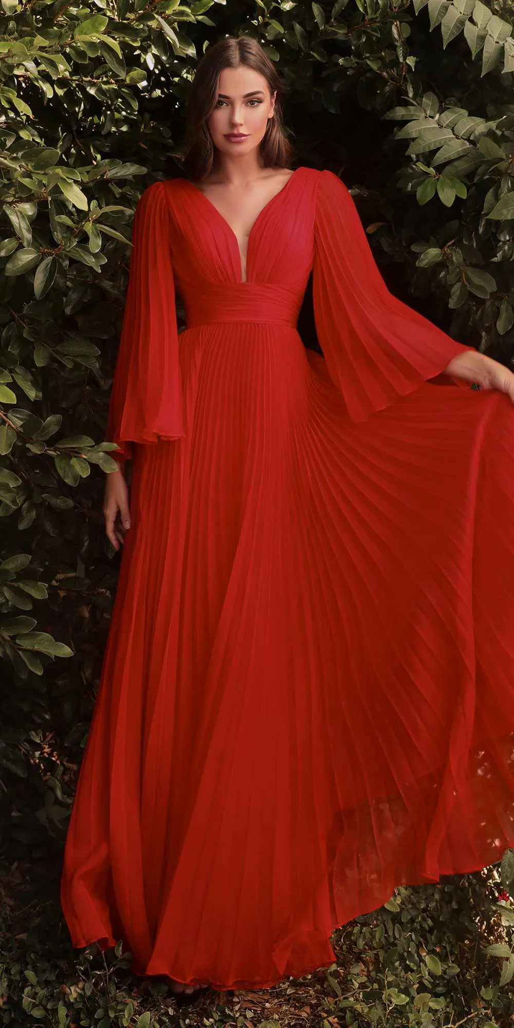 Cinderella Divine CD242C Pleated Chiffon Long Sleeve Gown