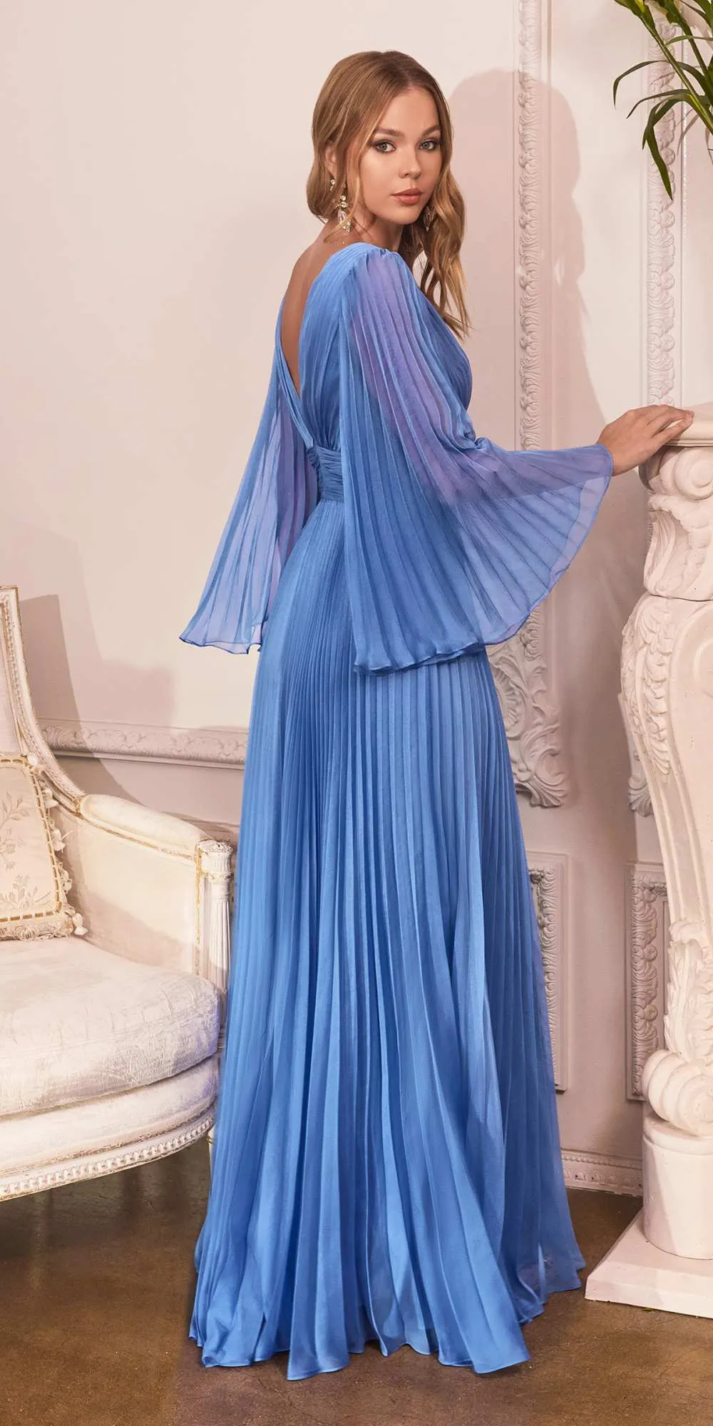 Cinderella Divine CD242C Pleated Chiffon Long Sleeve Gown