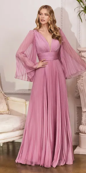 Cinderella Divine CD242C Pleated Chiffon Long Sleeve Gown