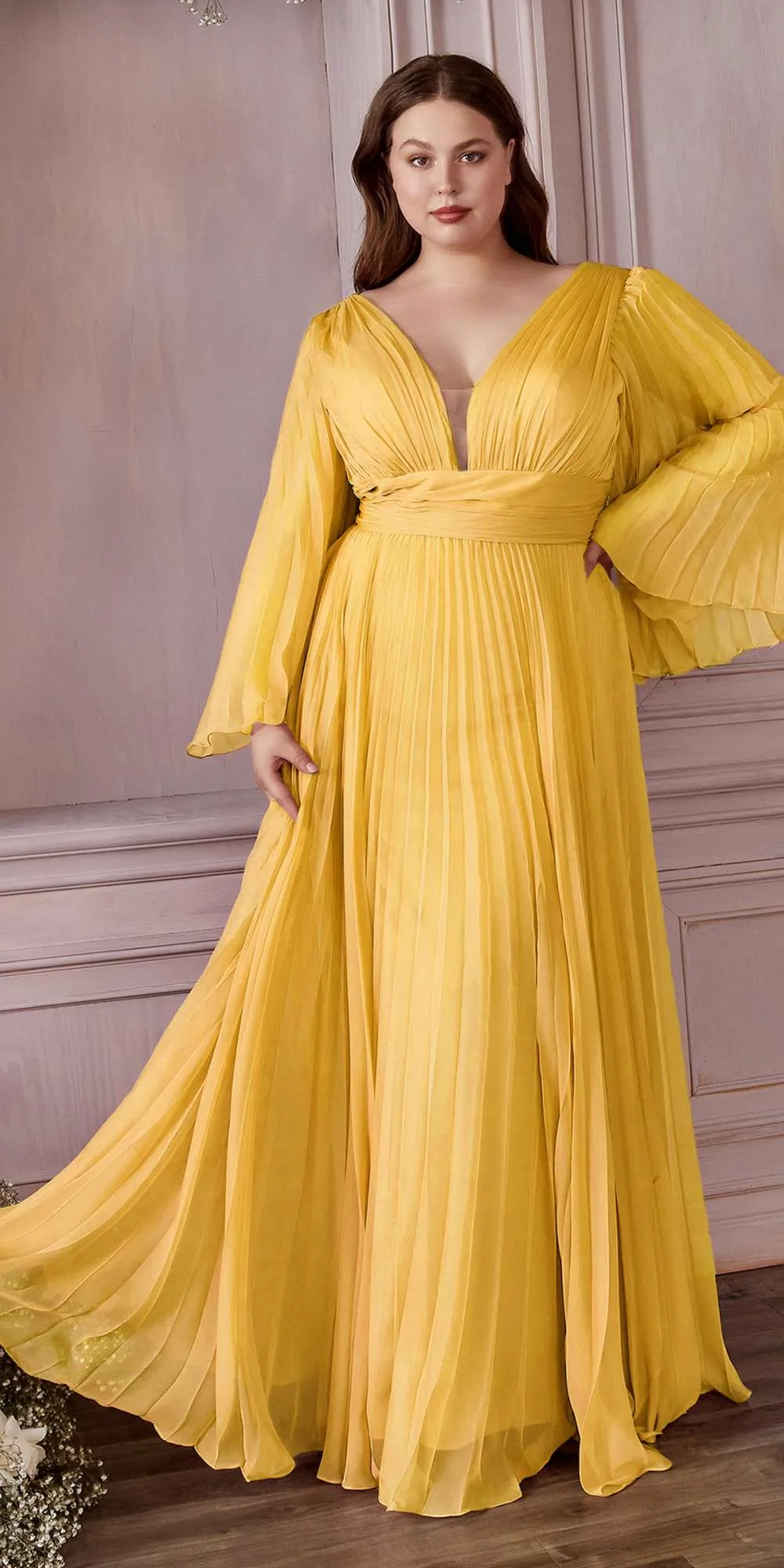 Cinderella Divine CD242C Pleated Chiffon Long Sleeve Gown