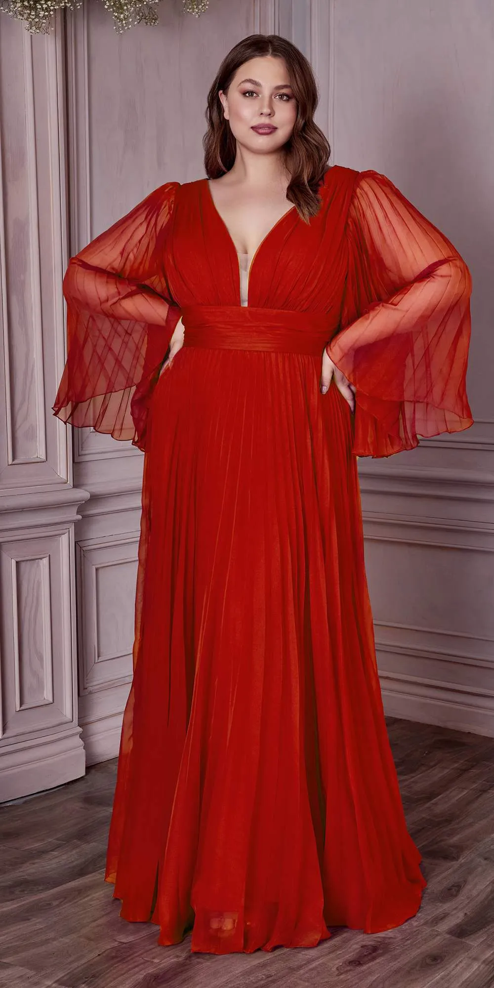 Cinderella Divine CD242C Pleated Chiffon Long Sleeve Gown