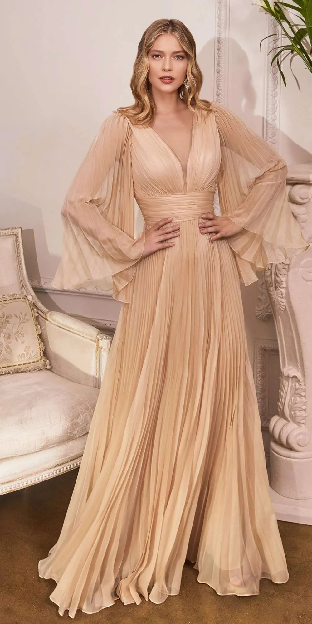 Cinderella Divine CD242C Pleated Chiffon Long Sleeve Gown