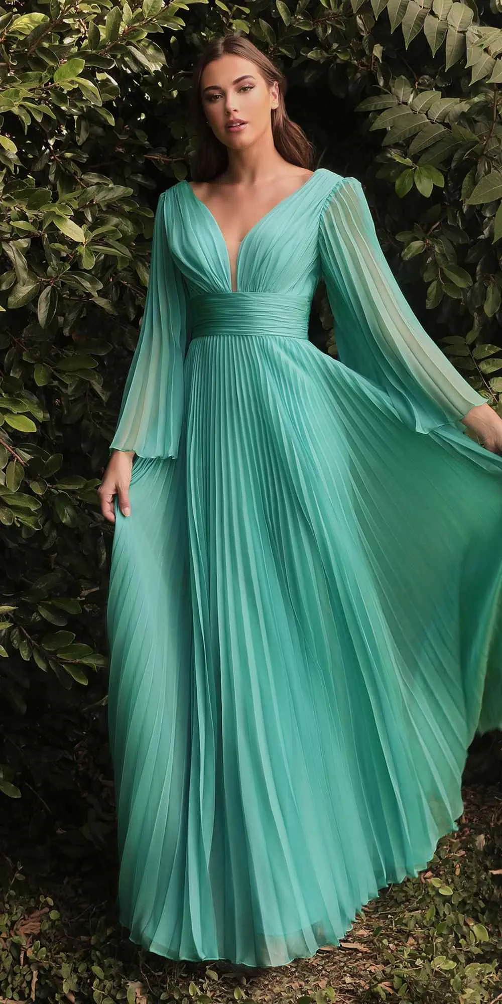 Cinderella Divine CD242C Pleated Chiffon Long Sleeve Gown