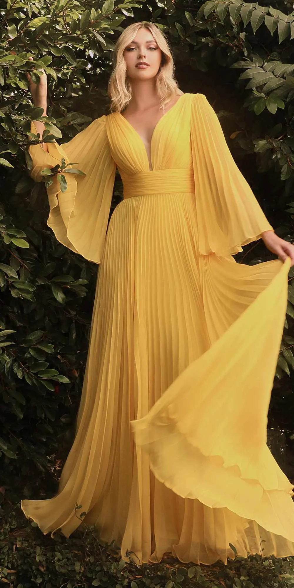Cinderella Divine CD242C Pleated Chiffon Long Sleeve Gown
