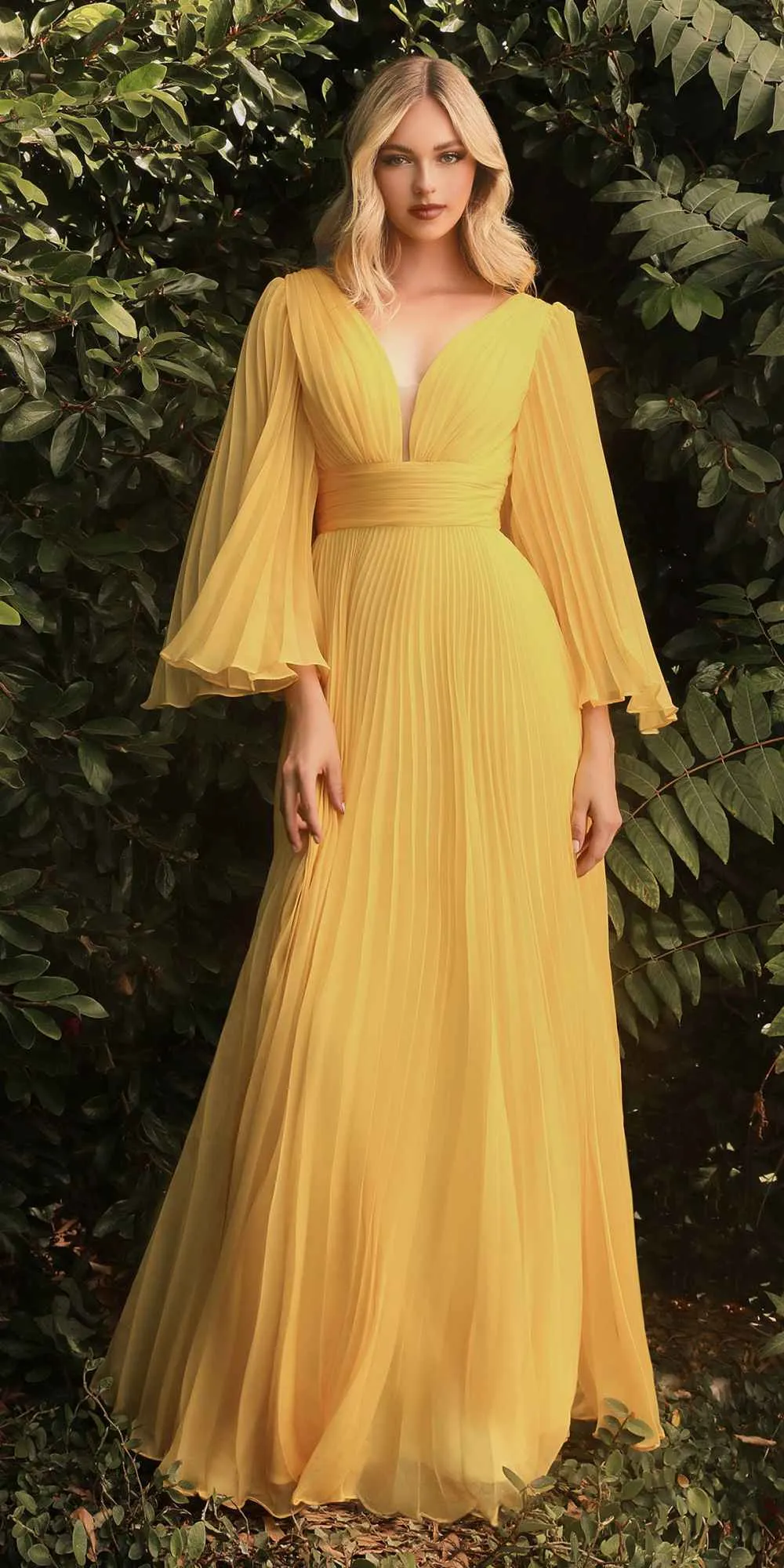 Cinderella Divine CD242C Pleated Chiffon Long Sleeve Gown