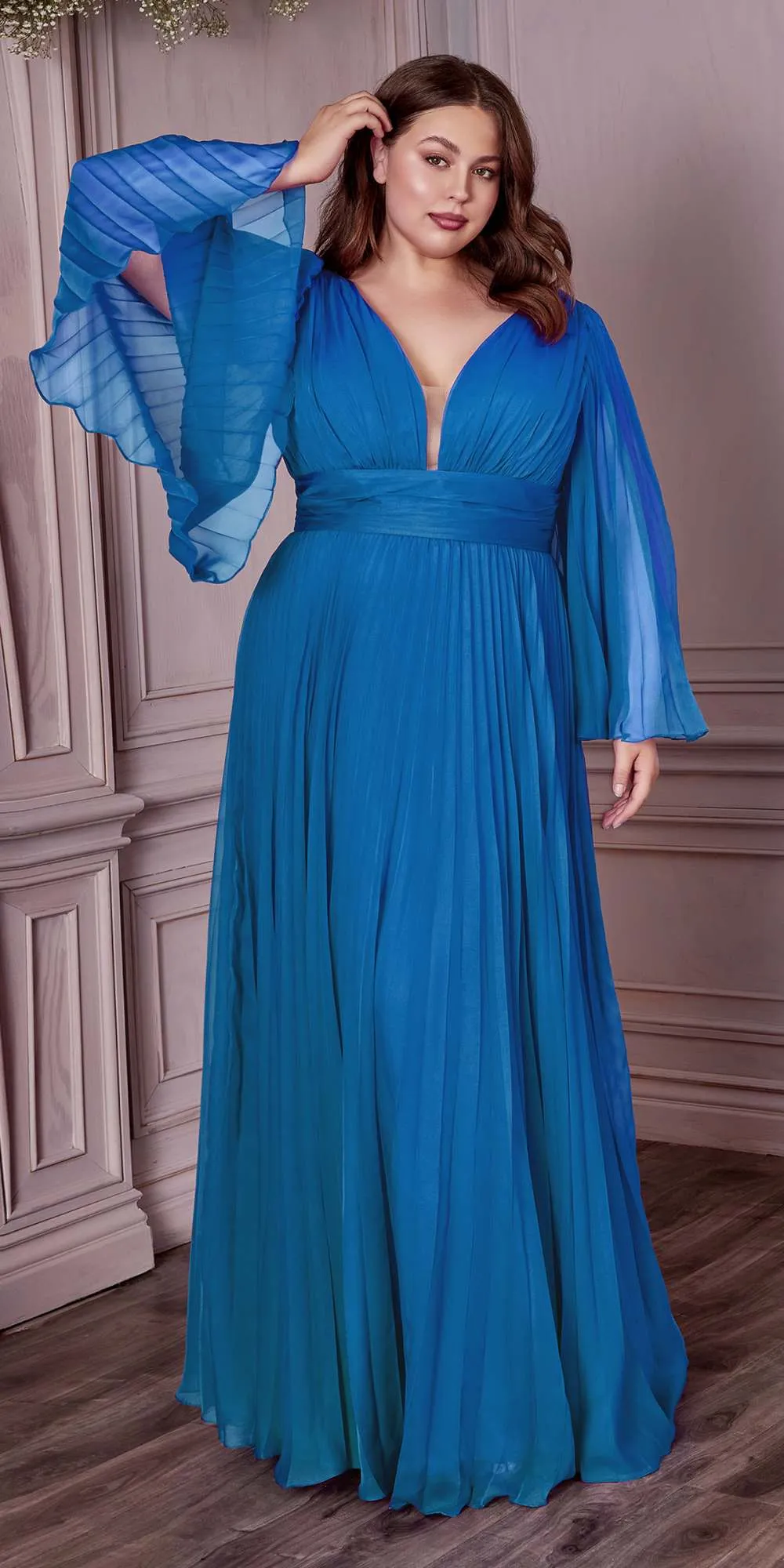 Cinderella Divine CD242C Pleated Chiffon Long Sleeve Gown