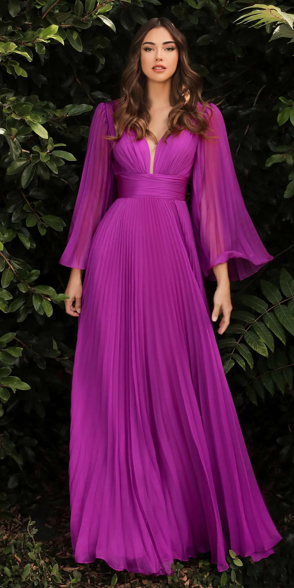Cinderella Divine CD242C Pleated Chiffon Long Sleeve Gown