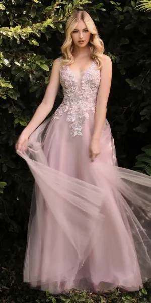 Cinderella Divine CDS409C Long Floral Applique A-Line Dress