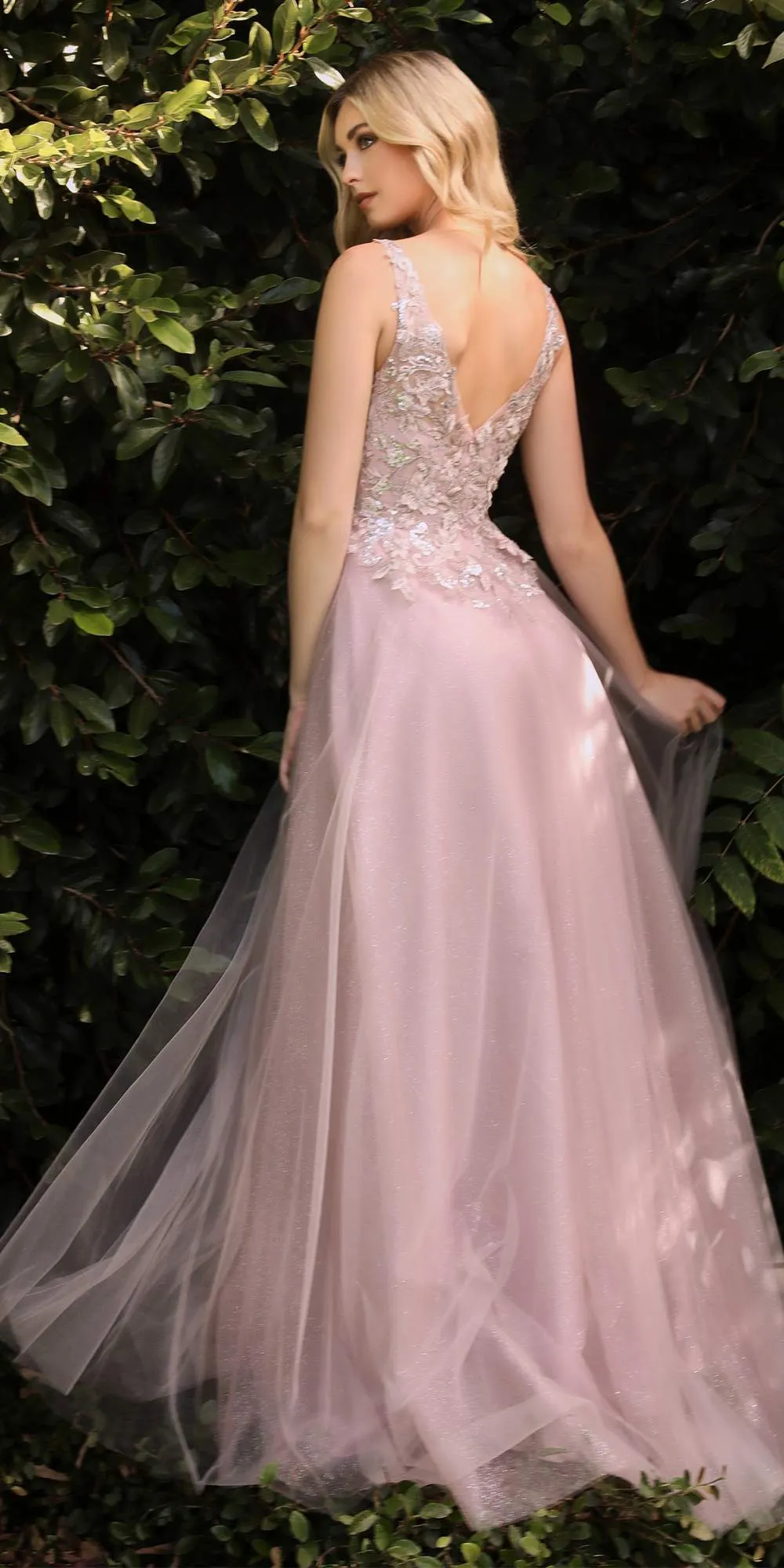 Cinderella Divine CDS409C Long Floral Applique A-Line Dress