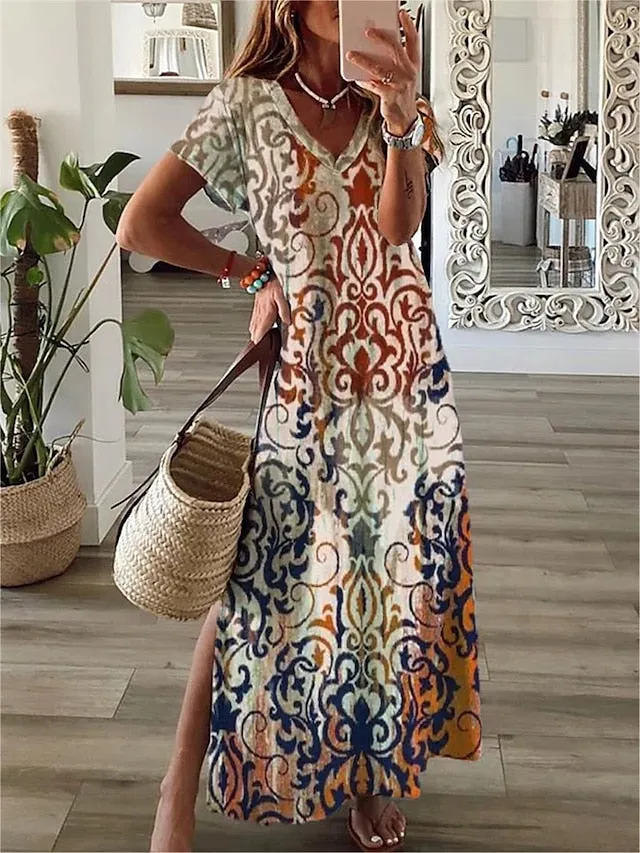 CityHottie - Women's Casual Dress T Shirt Dress Tee Dress Shift Dress Long Dress Maxi Dress Black Red Navy Blue Short Sleeve Abstract Print Spring Summer Crew Neck Fashion Daily 2024 S M L XL XXL