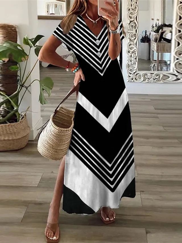 CityHottie - Women's Casual Dress T Shirt Dress Tee Dress Shift Dress Long Dress Maxi Dress Black Red Navy Blue Short Sleeve Abstract Print Spring Summer Crew Neck Fashion Daily 2024 S M L XL XXL
