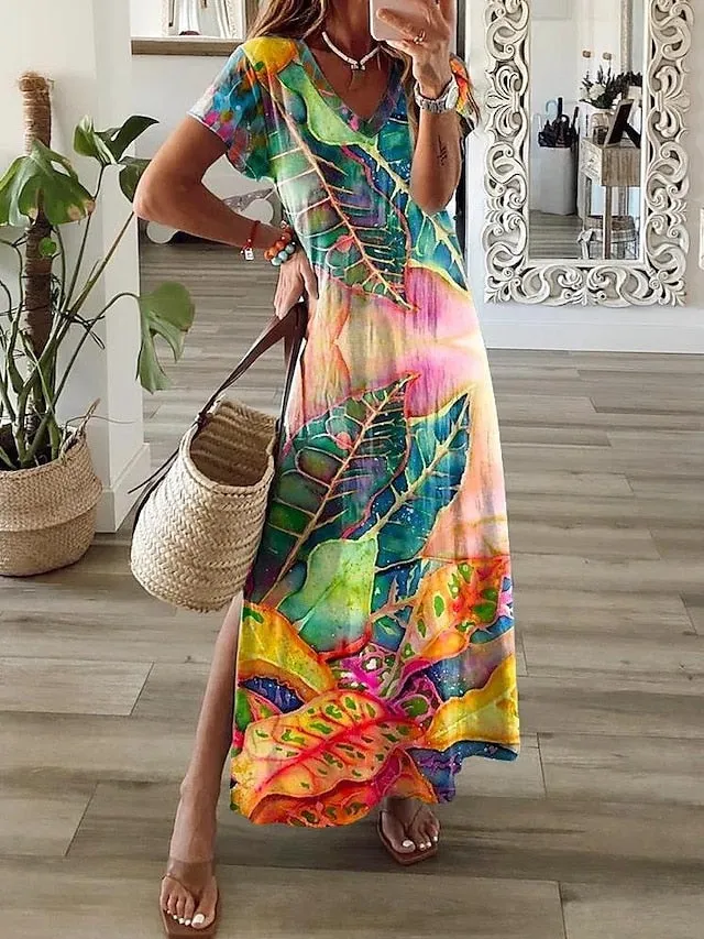 CityHottie - Women's Casual Dress T Shirt Dress Tee Dress Shift Dress Long Dress Maxi Dress Black Red Navy Blue Short Sleeve Abstract Print Spring Summer Crew Neck Fashion Daily 2024 S M L XL XXL