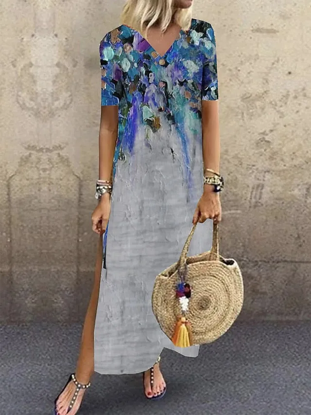CityHottie - Women's Casual Dress T Shirt Dress Tee Dress Shift Dress Long Dress Maxi Dress Black Red Navy Blue Short Sleeve Abstract Print Spring Summer Crew Neck Fashion Daily 2024 S M L XL XXL