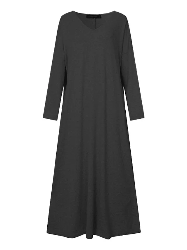 CityHottie - Women's Plus Size Casual Dress Solid Color V Neck Long Sleeve Winter Fall Basic Casual Maxi long Dress Daily Vacation Dress