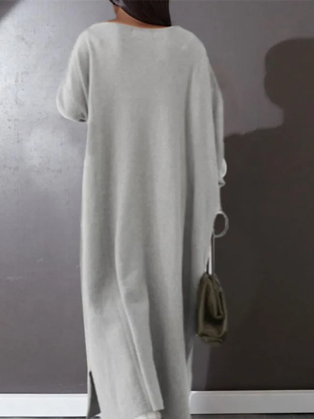 CityHottie - Women's Plus Size Casual Dress Solid Color V Neck Long Sleeve Winter Fall Basic Casual Maxi long Dress Daily Vacation Dress