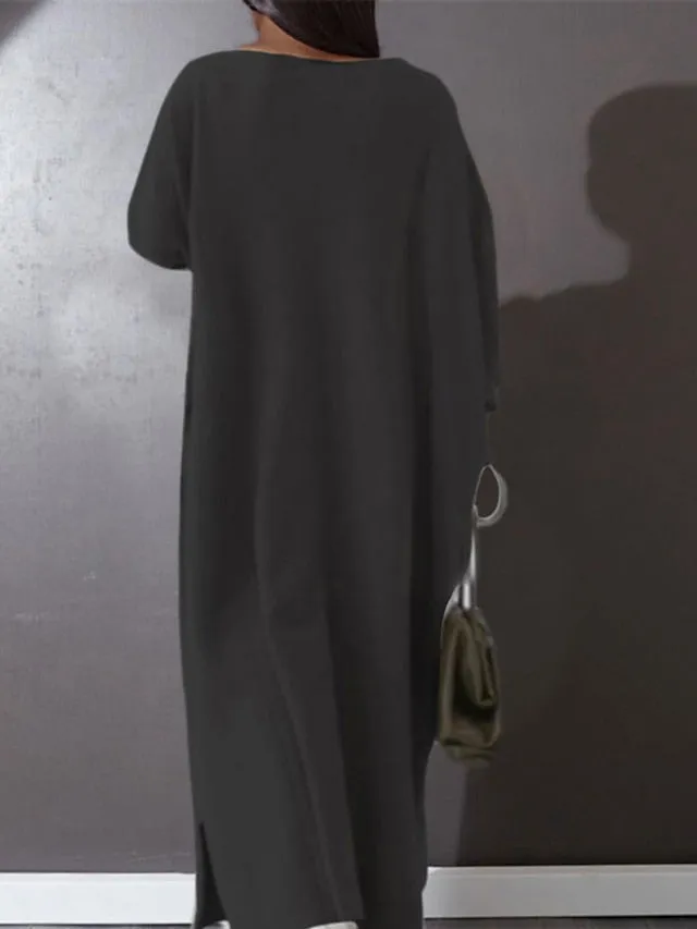 CityHottie - Women's Plus Size Casual Dress Solid Color V Neck Long Sleeve Winter Fall Basic Casual Maxi long Dress Daily Vacation Dress