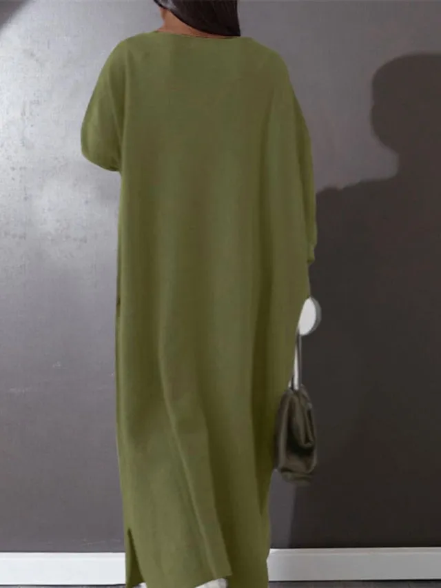 CityHottie - Women's Plus Size Casual Dress Solid Color V Neck Long Sleeve Winter Fall Basic Casual Maxi long Dress Daily Vacation Dress