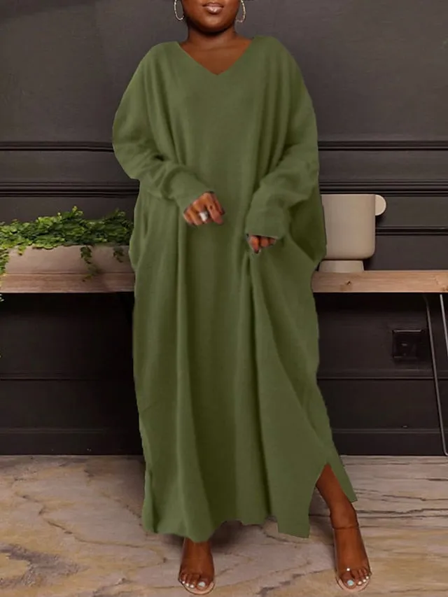 CityHottie - Women's Plus Size Casual Dress Solid Color V Neck Long Sleeve Winter Fall Basic Casual Maxi long Dress Daily Vacation Dress